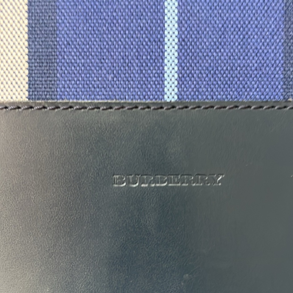 Burberry Navy Blue Striped Tote with Black Leather Pocket - Picture 6 of 12